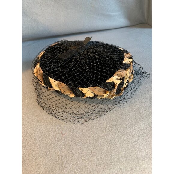 Ladies Black and Brown Velvet Braided Ribbon with Netting Hat Vintage Sz 22 - Picture 6 of 9